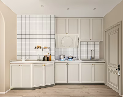 Modern Kitchen With White Cabinets Grid Tile Backsplash Stove Range Hood Sink And Light Flooring 3d model