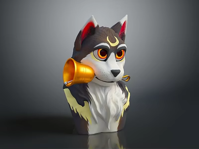Plush Toy Animal Head Design With Red Inner Ears Yellow Eyes And Golden Horn 3d model