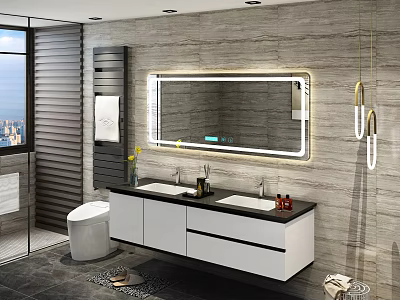 Modern Bathroom Vanity With Double Sinks Backlit Mirror And Gray Stone Wall 3d model