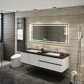 Modern Bathroom Vanity With Double Sinks Backlit Mirror And Gray Stone Wall