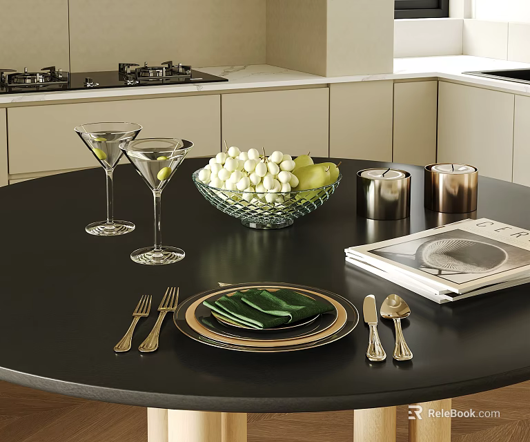 Dinnerware Set with Gold Cutlery Martini Glasses Fruit Bowl Candle Holders on Black Round Table 3d model 