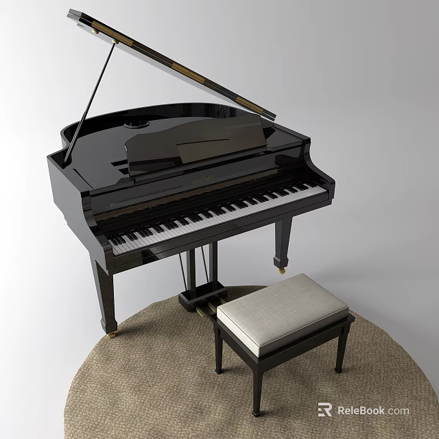 Elegant Black Grand Piano Musical Instrument With Padded Bench On Round Rug 3d model 