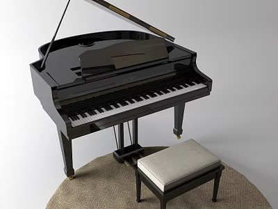 Elegant Black Grand Piano Musical Instrument With Padded Bench On Round Rug 3d model