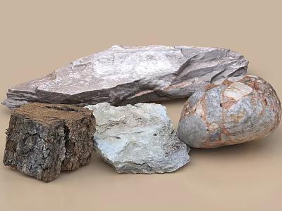 Various Natural Stone Rocks and Textured Wood Blocks for Decorative Display Elements 3d model