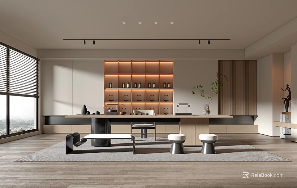 Modern Open Tea Room Interior With Wooden Shelves And Tea Sets 3d model 