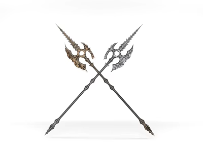 Two Crossed Decorative Spears with Intricate Gold and Silver Ornamentation 3d model