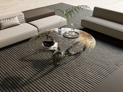 Modern Round Glass Coffee Table In Living Room With Sofa And Green Plant 3d model