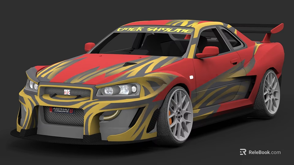 Red Yellow Flame Pattern Sports Car With Check Online Sticker And Sporty Design Elements 3d model 
