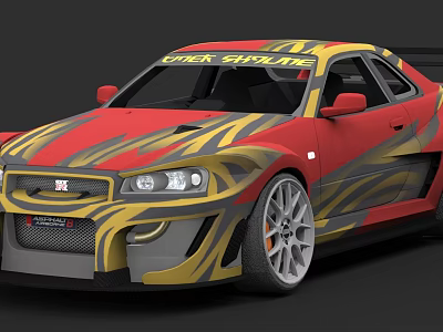 Red Yellow Flame Pattern Sports Car With Check Online Sticker And Sporty Design Elements 3d model