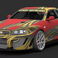 Red Yellow Flame Pattern Sports Car With Check Online Sticker And Sporty Design Elements
