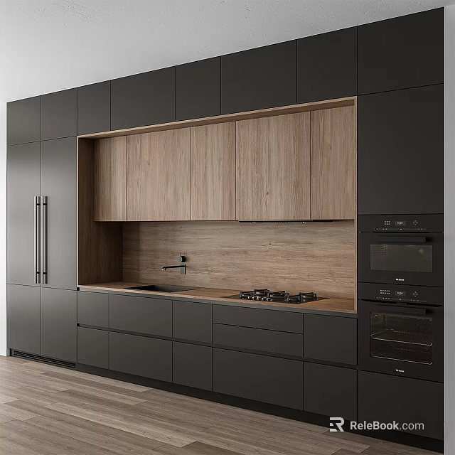 Modern Kitchen Featuring Black And Wooden Cabinets With Countertop Sink Stove And Oven 3d model 
