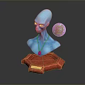 Game Movie Character Blue Alien Bust With Red Pedestal Floating Colorful Sphere And Necklace