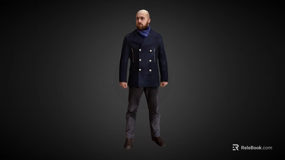 Man In Navy Blue Double Breasted Coat With Blue Scarf Standing Against Dark Background 3d model 