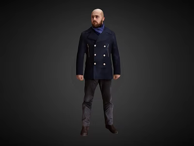 Man In Navy Blue Double Breasted Coat With Blue Scarf Standing Against Dark Background 3d model