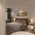 Modern Hotel Guest Room With Bed Quilt Pillows Decorative Painting Sofa Desk And Wooden Floor