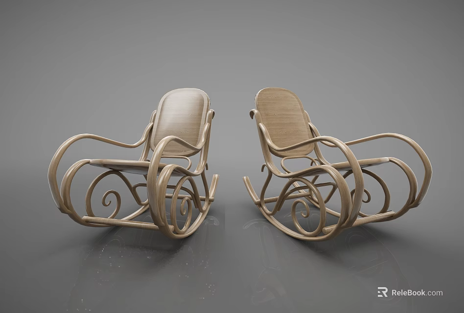Pair Of Wooden Rocking Chairs With Curved Armrests And Stylish Base Design 3d model 