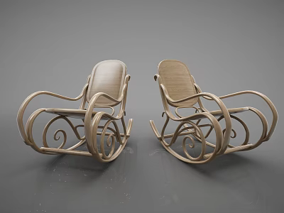 Pair Of Wooden Rocking Chairs With Curved Armrests And Stylish Base Design 3d model