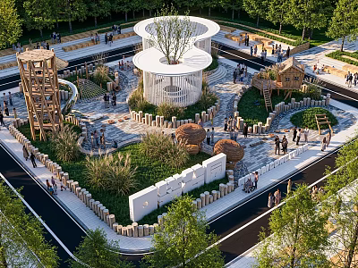 Scenic Community Park Landscape With Central Pavilion Circular Pathway Greenery And Play Structures 3d model