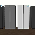 Four Different Colors Double Door Modern Refrigerators Side by Side With Light Wall Wooden Floor