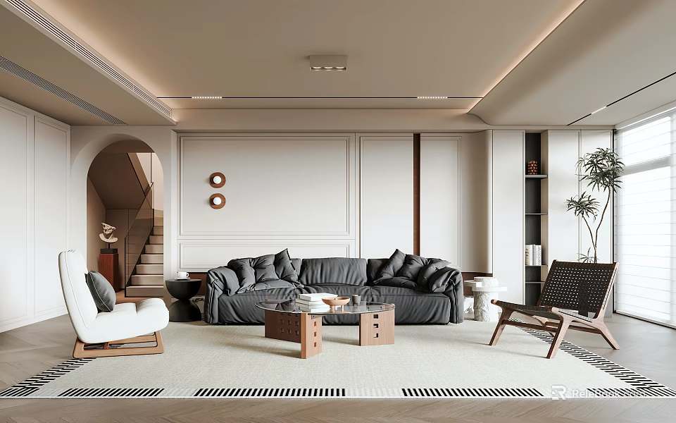 Modern Living Room With Dark Gray Sofa White Armchair Wooden Coffee Table And Arched Staircase 3d model 