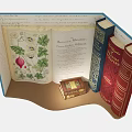 Book Themed Photo Spot With Open Book Botanical Illustrations And Colorful Vintage Book Stack