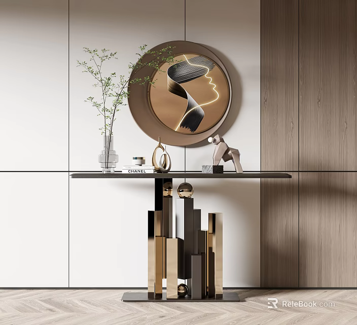 Modern Console Table with Round Mirror Vase Plants and Decorative Ornaments in Elegant Interior Setting 3d model