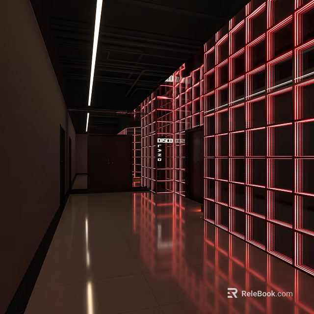 Modern Corridor With Red Illuminated Grid Walls And Ceiling Lights 3d model 