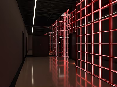 Modern Corridor With Red Illuminated Grid Walls And Ceiling Lights 3d model