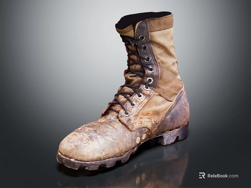 Worn Brown Leather High Top Work Boots With Laces And Thick Worn Soles 3d model 