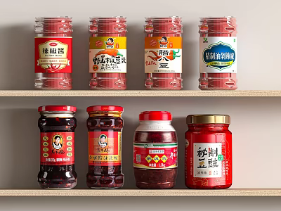 Assorted Canned Condiments On Wooden Shelves 3d model