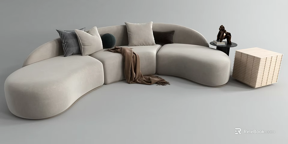 Modern Curved Beige Sectional Sofa With Soft Throw Pillows And Cozy Blanket 3d model 