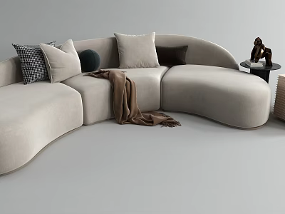 Modern Curved Beige Sectional Sofa With Soft Throw Pillows And Cozy Blanket 3d model