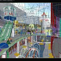 Vibrant Commercial Street With Crowded Shoppers Shops Escalators Lighthouse And Colorful Decorations