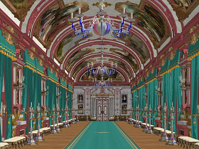 Ancient Architectural Hall Interior Featuring Vaulted Ceiling Painted Murals Chandeliers Green Walls And Long Tables 3d model