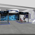 Futuristic VR Experience Center Interior With Blue Tech Screens Red Seats And Geometric Walls