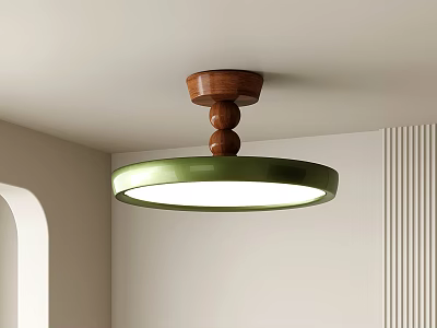 Modern Minimalist Ceiling Light With Wooden Top Green Circular Frame And White Lampshade 3d model