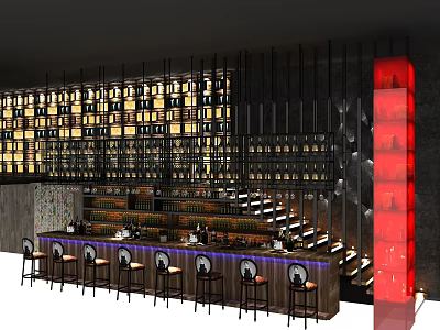 Modern Bar Interior With Wooden Counter Wine Racks And Red Accent Lighting 3d model