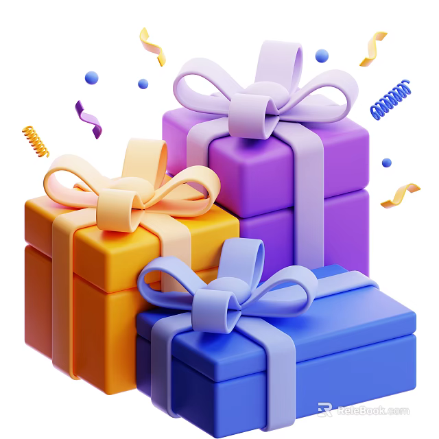 Colorful Festive Decorative Ornament Set With Gift Boxes Bows Streamers And Confetti Dots 3d model 