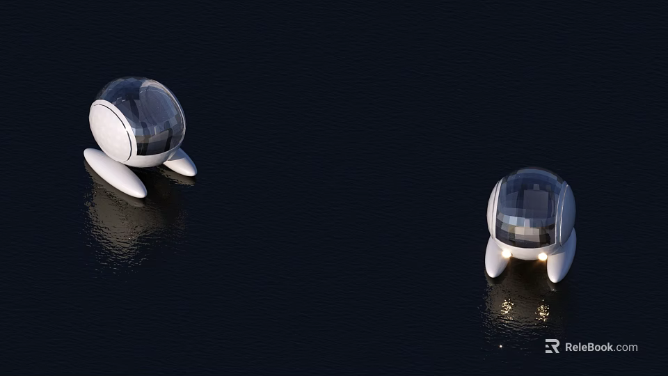 Two Wooden Boats Featuring Transparent Domes And White Bases Floating On Dark Water With Reflections 3d model 