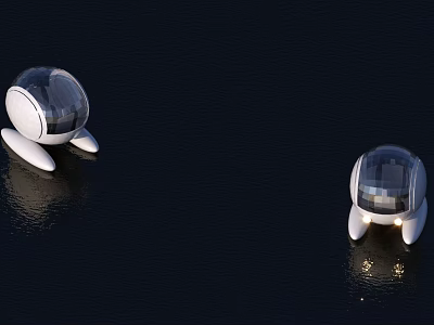 Two Wooden Boats Featuring Transparent Domes And White Bases Floating On Dark Water With Reflections 3d model