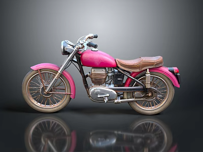 Vintage Pink Motorcycle with Brown Leather Seat Classic Metallic Wheels on Gray Background 3d model