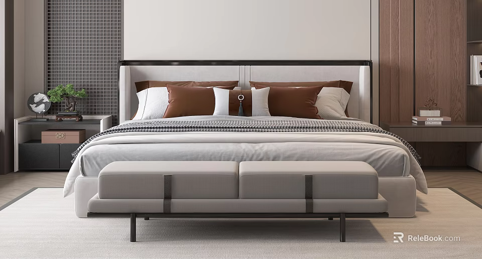 Modern Double Bed Interior Design With Brown White Pillows And Bed Bench 3d model
