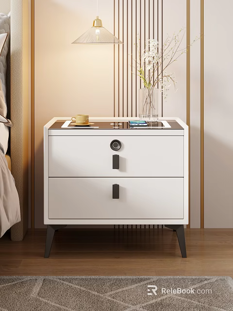 Modern White Nightstand With Drawers Black Handles Yellow Cup Blue Book And Vase In Bedroom 3d model 