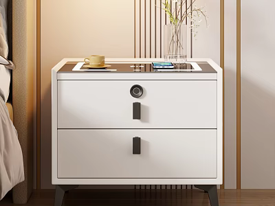 Modern White Nightstand With Drawers Black Handles Yellow Cup Blue Book And Vase In Bedroom 3d model