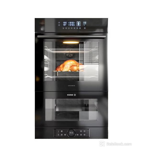 Sleek Black Built In Kitchen Oven And Microwave With Roasting Chicken Function 3d model 