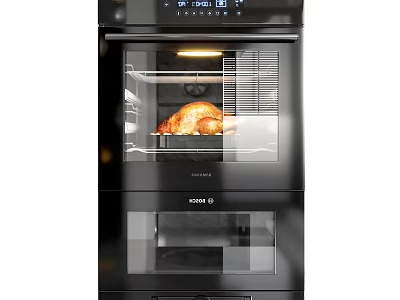Sleek Black Built In Kitchen Oven And Microwave With Roasting Chicken Function 3d model