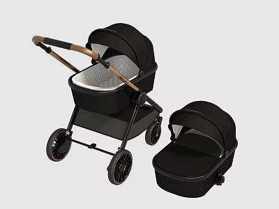 Black Baby Stroller Set With Wooden Handle And Detachable Bassinet 3d model