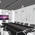 Modern Conference Room With Long Table Chairs TV Screen And Wall Drawings