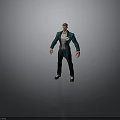 Man In Green Suit With White Shirt Yellow Bow Tie And Badge On Gray Background
