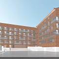 Modern Residential Building With Red Brick Exterior And Balconies In Paved Courtyard